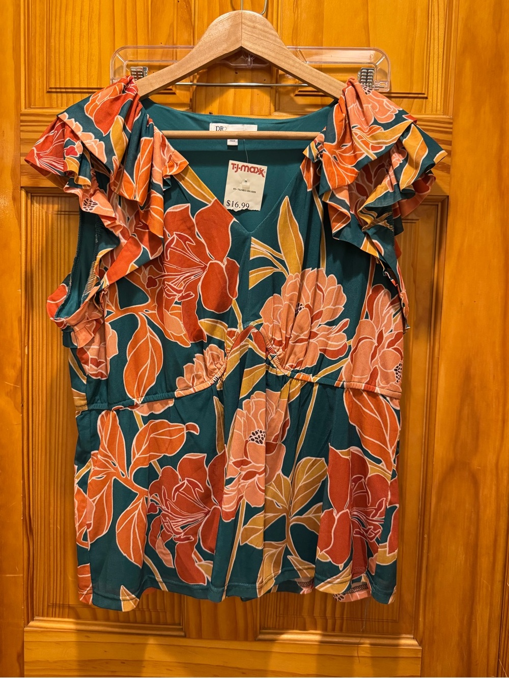 NWT Teal Floral Ruffle Sleeve V-Neck Top XL